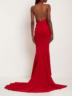 Back hook closure at collar. Halter strap. Front cutout detail. Open back. Model is wearing a size40 Long Halter Dress, Drape Gowns, Drape Maxi Dress, Long Red Dress, Halter Strap, Designer Drapes, Fitted Silhouette, Shearling Jacket, Black Maxi Dress