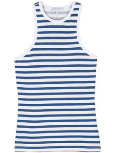 navy blue/white cotton blend horizontal stripe pattern crew neck sleeveless racerback French terry lining straight hem Striped Tank Top, Striped Tank, White Tank Top, Cami Tanks, White Tank, Stripes Pattern, French Terry, White Cotton, Blue White