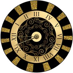 a black and gold clock with roman numerals on the face, surrounded by golden glitter