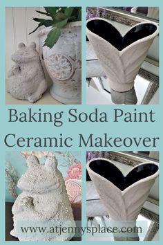 baking soda paint ceramic makeover with the words baking soda paint on it and pictures of vases