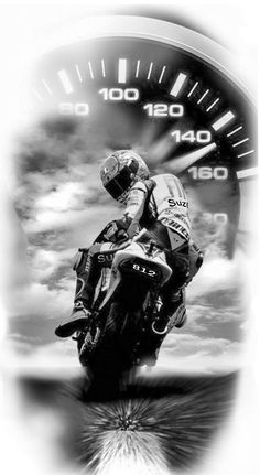 a man riding on the back of a motorcycle in front of a speedometer