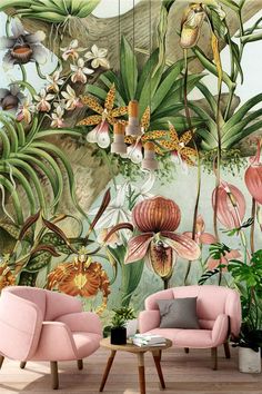 a living room filled with pink furniture and lots of tropical plants on the wall behind it