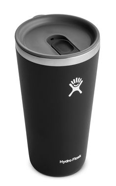 the hydro flask coffee cup is black and silver