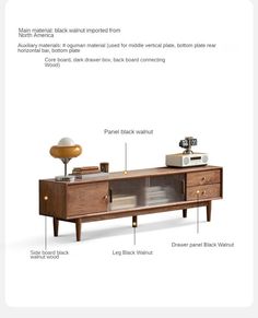 an entertainment center with information about the parts labeled in each section, including speakers, bookshelf and lamp