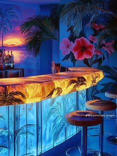 the bar is decorated with tropical flowers and palm trees, along with two stools