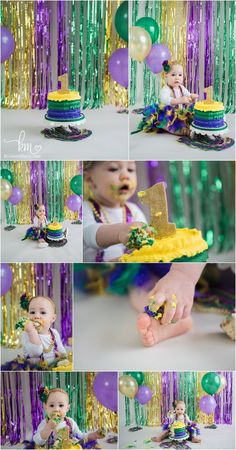 a collage of photos showing a baby's first birthday cake