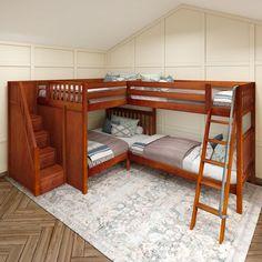 there is a bunk bed with two sets of stairs on the bottom and another set of beds below