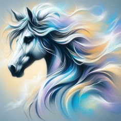 a painting of a white horse with blue and yellow hair