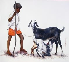 a painting of a man with two goats and a dog on a white background,