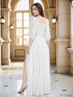 Orcajump - Solid V-neck Contrast Trim Dress, Casual Half Lantern Sleeve High Split Dress For Spring & Summer, Women's Clothing White Flowy Maxi Dress With Square Neck, High Split Dress, Dress For Spring, Trim Dress, Split Dress, Lantern Sleeve, Lantern Sleeves, Contrast Trim, Lanterns