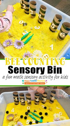 a bin filled with yellow sand and paper cups that spell out the number five to be counting