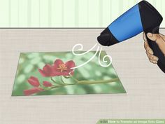 a hand holding a blue and black blow dryer on top of a rug next to a red flower