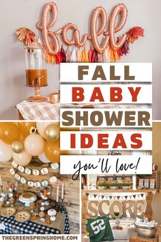 a collage of baby shower ideas including balloons and decorations