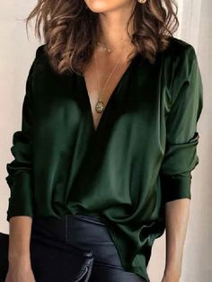 Solid Color V-Neck Long Sleeves Blouse Shirt Top INK GREEN-L Blouse Size Chart, Winter Blouses, Chiffon Blouses, Satin Bluse, Satin Long Sleeve, Loose Pullover, Spring Women, Satin Blouse, Satin Top