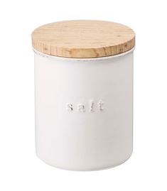 a white canister with wooden lid and the word salt written on it in cursive writing