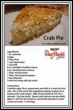 the recipe for crab pie is shown in black and white