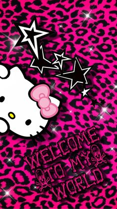 the hello kitty wallpaper is pink with black and white stars on it's side