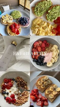 four pictures of different breakfast foods and the words eat healthy