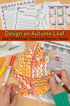 a person is working on an autumn leaf craft with crayons and marker pens