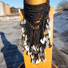 Incredible Ebony Wood And Shell Bib Style Choker. A Total Stunner. Monies Jewelry, Oversized Necklace, Resin Pendant Necklace, Brown Necklace, Seashell Jewelry, Horn Necklace, Purple Necklace, Unusual Jewelry, Wood Necklace