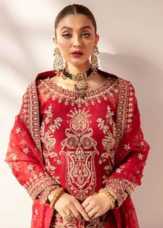 Red Embellished Organza Sets, Red Organza Sharara For Eid, Red Designer Party Dress, Red Unstitched Organza Sharara, Red Party Wear Dress For Reception, Red Embellished Sharara For Eid, Red Organza Traditional Wear For Eid, Red Dress With Sheer Dupatta For Eid, Red Dresses With Sheer Dupatta For Eid