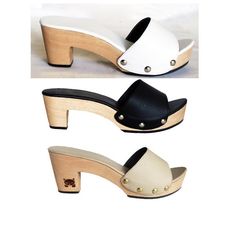 Features Upper : vegan leather (note that we have different colours of leather, genuine and vegan/faux leather. Contact us to discuss your options) Insole:   vegan leather Sole: wood Outsole: rubber heel height: 6 cm (2.36 in) -See our sizing chart and feet measurements at http://omes.co/sizes/  This shoe is 100% handmade by OMES FOOTWEAR UK.  www.omes.co Leather Open Toe Clogs With Contrasting Heel, White Leather Mules With Wooden Heel, White Leather Clogs With Wooden Heel, White Leather Clogs With Open Heel, White Leather High Heel Clogs, White Leather Platform Clogs, White Leather Clogs With Stacked Heel, Mules Heels, Open Toe Slippers