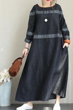 Vintage Black Denim Maxi Dresses Women Fall Clothes Black Long Sleeve Maxi Dress With Pockets, Casual Black Long Sleeve Maxi Dress, Navy Casual Dress With Pockets, Casual Non-stretch Long Sleeve Denim Dress, Black Cotton Long Sleeve Maxi Dress, Black Long Sleeve Cotton Maxi Dress, Casual Navy Maxi Dress For Spring, Navy Casual Maxi Dress For Spring, Long Sleeve Indigo Cotton Dress