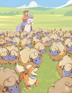 an animated image of a man on a horse in the middle of a herd of sheep