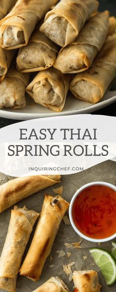 spring rolls with dipping sauce on the side and text overlay that reads easy thai spring rolls