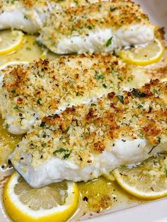 two fish fillets with lemons and parmesan cheese in a white casserole dish