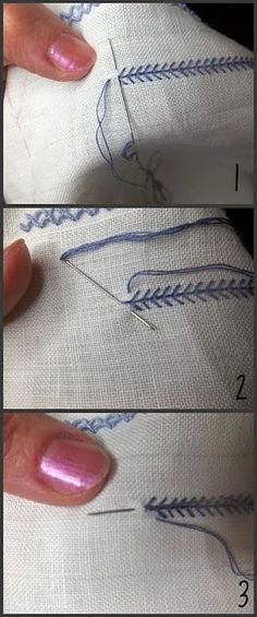 three pictures showing how to stitch on fabric