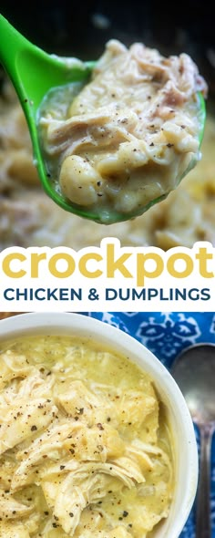 a spoon full of crockpot chicken and dumplings with the title above it