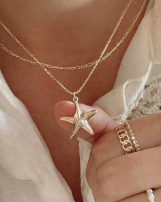 Starfish Necklace Gold, Starfish Necklace, Brass Pendant, Box Chain, Starfish, Gold Plate, Plating, Brass, Chain