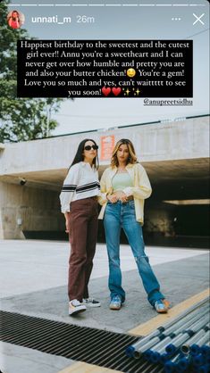 two women standing next to each other in front of a building with an instagram message