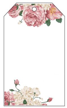 a white card with pink flowers on it