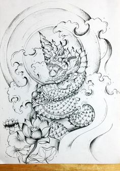 an ink drawing of a dragon with clouds and flowers on it's back side