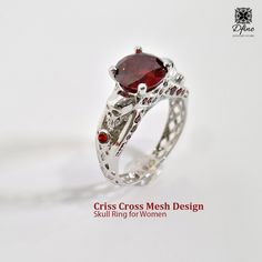 Solid 925 Sterling Silver Or Solid 10k/14k/18k White Gold With White Rhodium Finish & Round Cut Approx 2.25cttw Red CZ. Red Skull Ring For Anniversary, Elegant Red Skull Ring For Gift, Elegant Red Skull Ring For Anniversary, Red Gothic Jewelry For Anniversary, Gothic Round Ruby Jewelry, Gothic Red Gemstone Jewelry, Red Gothic Gemstone Jewelry, Gothic Ruby Jewelry, Skull Wedding Rings