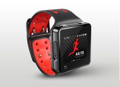 an image of a smart watch with red and black accents on the face, showing running time