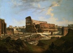 the colossion in rome, with roman ruins and people on either side looking at it