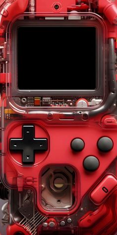 a close up of a red game controller with buttons and controls on it's side