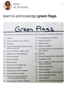 a green flag checklist with the words learn to acknowledge green flags