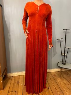 vampire red hot velvet dress gown true vintage 1970's Fall Fitted Velvet Maxi Dress, Fitted Velvet Maxi Dress For Fall, Red Fitted Floor-length Velvet Dress, Fitted Red Velvet Floor-length Dress, Fitted Floor-length Red Velvet Dress, Red Fitted Velvet Dress For Fall, Dress Gown, Red Hot, Dress Clothes For Women