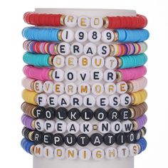 Calling all Swifties! 🎤🎸 Add a touch of love and friendship to your jewelry collection with this Taylor Swift Inspired Beaded Bracelet - Set of 11. NEW! You’ll receive the following bracelets: *ERAS TOUR *SWIFTIE *ANTI HERO *ITS ME HI *LOVER The other 6 bracelets will include a variety of beads and designs. Ideal for any occasion and to show your love and appreciation for your friends and family. The multicolored plastic beads are strung together and handcrafted with care, making each bracelet unique. The bracelets are stretchy and designed to fit most wrists. I strive for positive feedback with every transaction. What makes you choose our products? 1. Rapid logistics and response We will dispatch your order within 48 hours since your payment to guarantee that you can receive your order Friendship Bracelets Eras Tour, Bracelets Eras Tour, Rice Bead Bracelet, Polymer Clay Bracelet, Clay Bracelet, Letter Bracelet, Beads Bracelet Design, Rice Bead, Bohemian Bracelets