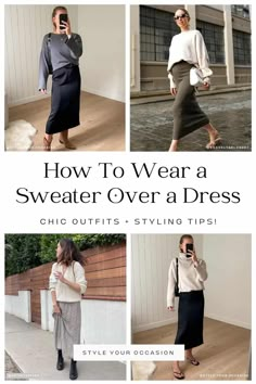 Sweater With A Dress Outfit, Dress With Tucked Sweater, Sweater On Dress Outfit, Sweater Over Midi Dress, How To Wear Sweaters Over Dresses, Styling A Maxi Dress For Winter, Sweater Over Black Dress Outfit, Fitted Dress With Sweater Over It, Long Black Dress With Sweater Over It