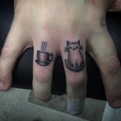 two tattoos on the fingers of people with cats and coffee mugs tattooed on them