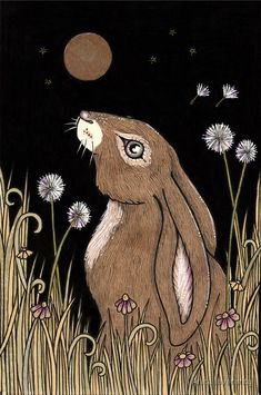 a drawing of a rabbit sitting in the grass with dandelions on it's back