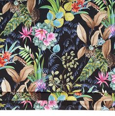 a black background with colorful tropical flowers and butterflies on it's side, including leaves