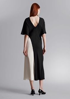 Satin Midi Dress - Black/White - & Other Stories WW Flowy Dress With Draped Short Sleeves, Chic Daywear Dresses With Side Slits, Evening Viscose Dress With Asymmetrical Hem, Chic Flutter Sleeve Midi Dress For Daywear, Chic Midi Dress With Flutter Sleeves For Daywear, Spring Dresses With Bias Cut And Short Sleeves, Spring Dresses With Short Sleeves And Bias Cut, Spring Bias Cut Dresses With Short Sleeves, Spring Short Sleeve Bias Cut Dresses