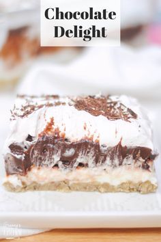 a piece of chocolate delight dessert sitting on top of a white plate with text overlay