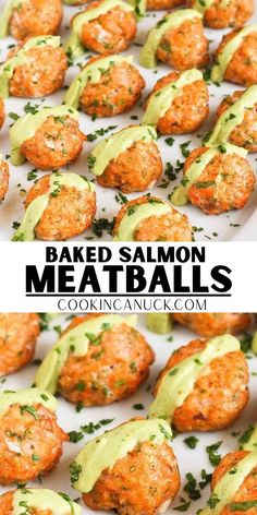 Baked salmon meatballs on a white plate, topped with blended avocado sauce. Salmon Healthy Dinner, Salmon Balls, Salmon Meatballs, Salmon Healthy, Baked Shrimp Recipes, Gluten Free Salmon, Recipes Salmon, Creamy Avocado Sauce, Delicious Seafood Recipes